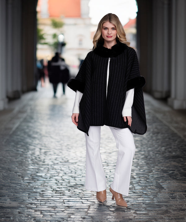 Dakota - Black Striped Wrap with Faux Fur Trim