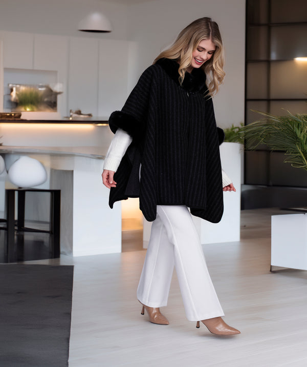 Dakota - Black Striped Wrap with Faux Fur Trim