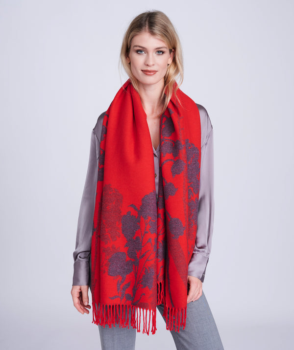 Daniella - Pashmina Feuille Rouge avec Franges Torsadées