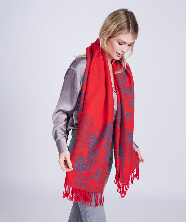 Daniella - Pashmina Feuille Rouge avec Franges Torsadées