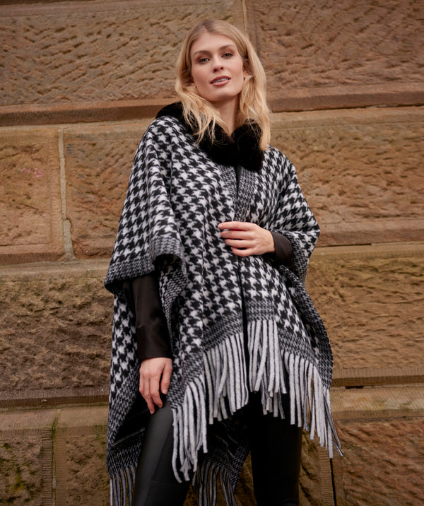 Black/White Houndstooth Fringed Wrap with Faux Fur Collar