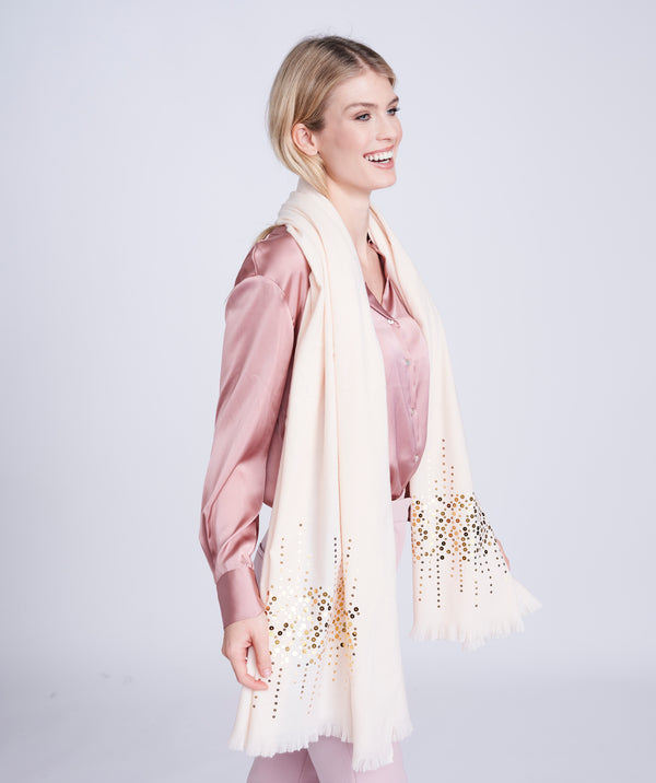 Cream Oversized Scarf with Gold Sequin Embellishment