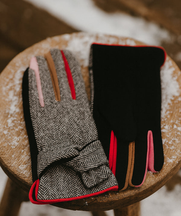 Dawn - Black Herringbone Gloves with Contrasting Coloured Fingers