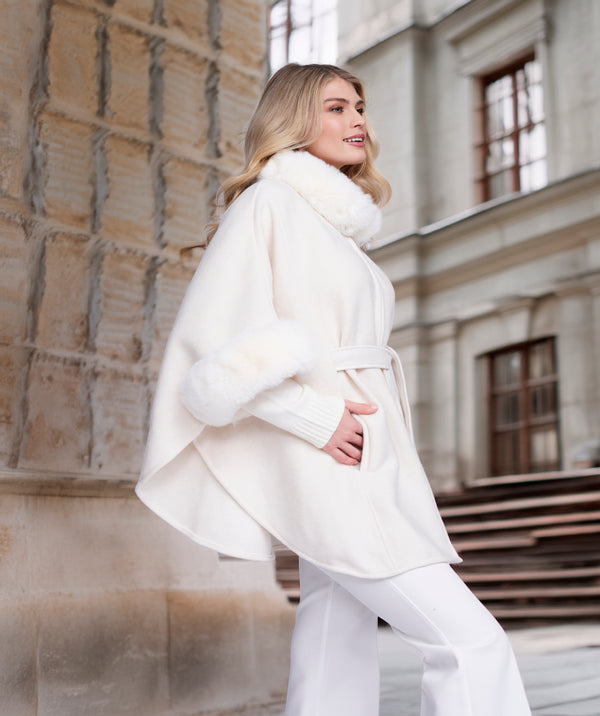 Dawn - Almond Cape with Faux Fur Trim