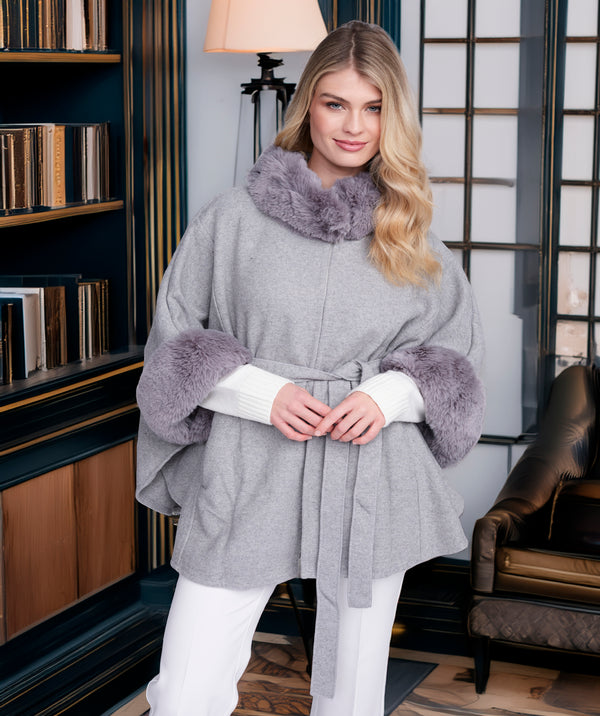 Dawn - Silver Grey Cape with Faux Fur Trim