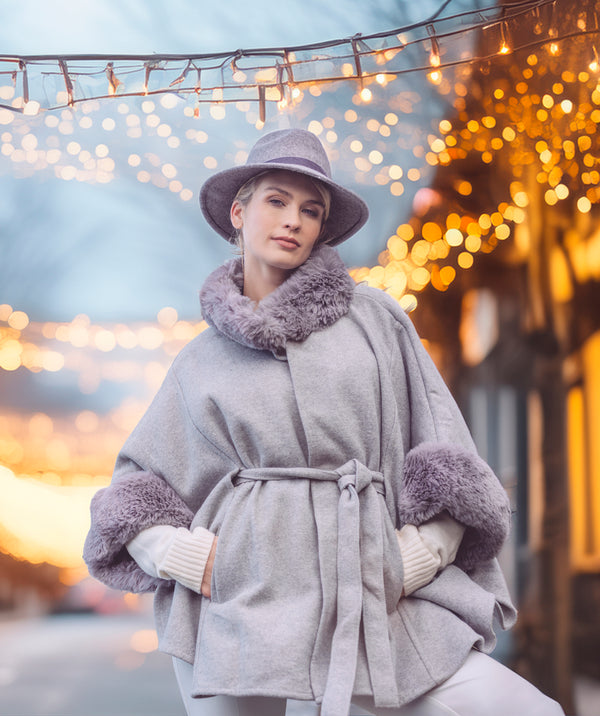 Dawn - Silver Grey Cape with Faux Fur Trim