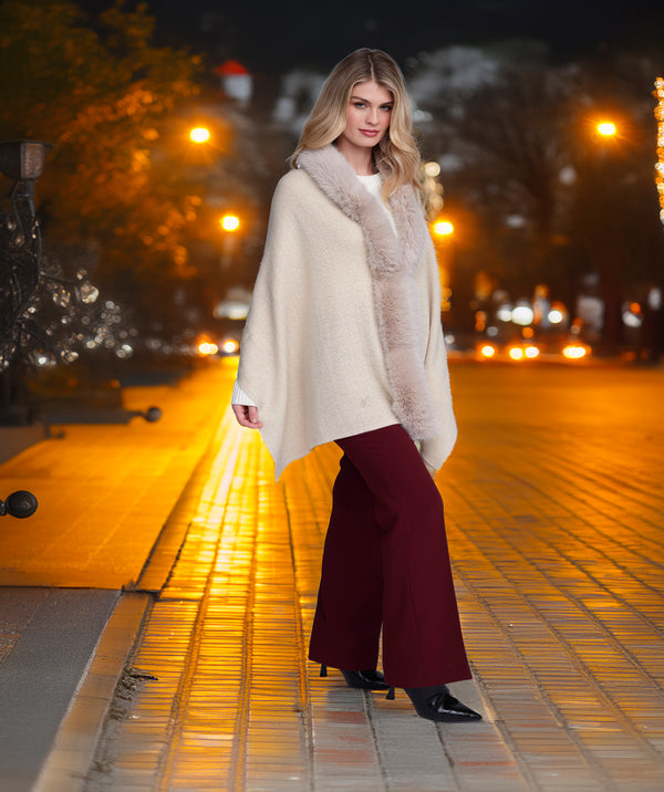 Destiny - Beige Lurex Thread Wrap with Faux Fur Trim
