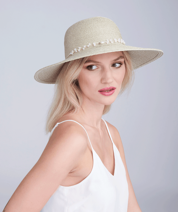 Diana - Sombrero de paja brillante con cuentas y perlas