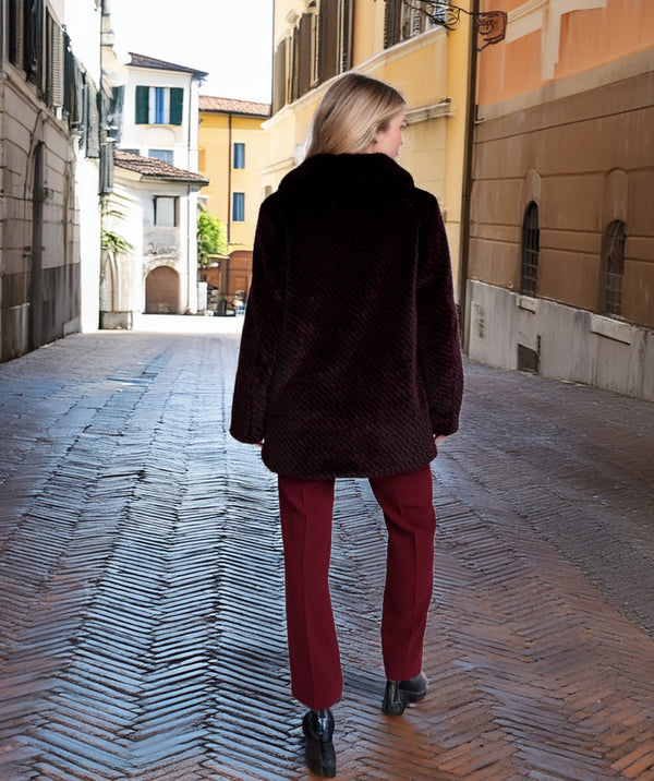 Donatella - Burgundy 3/4 Length Plush Faux Fur Coat