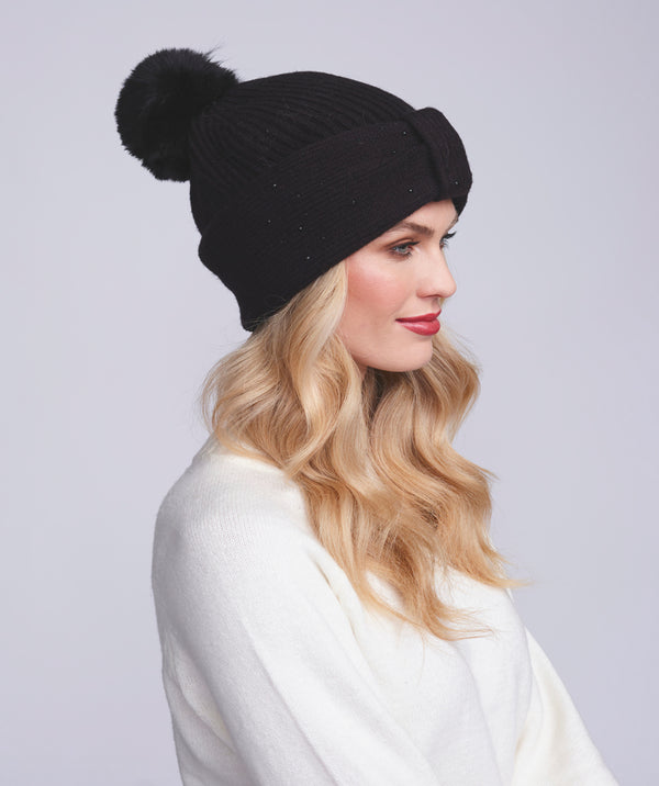 Black Diamante Embellished Beanie Hat with Pom Pom