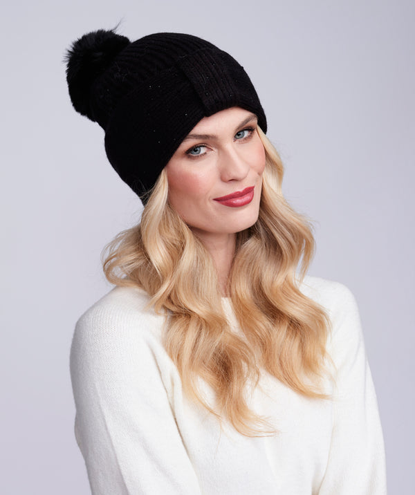 Black Diamante Embellished Beanie Hat with Pom Pom