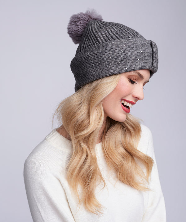 Silver Grey Diamante Embellished Beanie Hat with Pom Pom