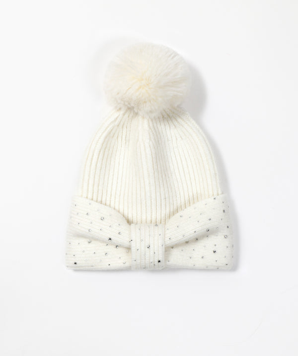 Drew - Ivory Diamante Embellished Beanie Hat with Pom Pom