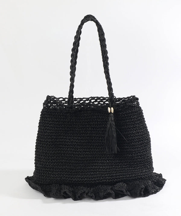 Sac à paille tissé noir avec fermeture à bout de bouton et poches intérieures