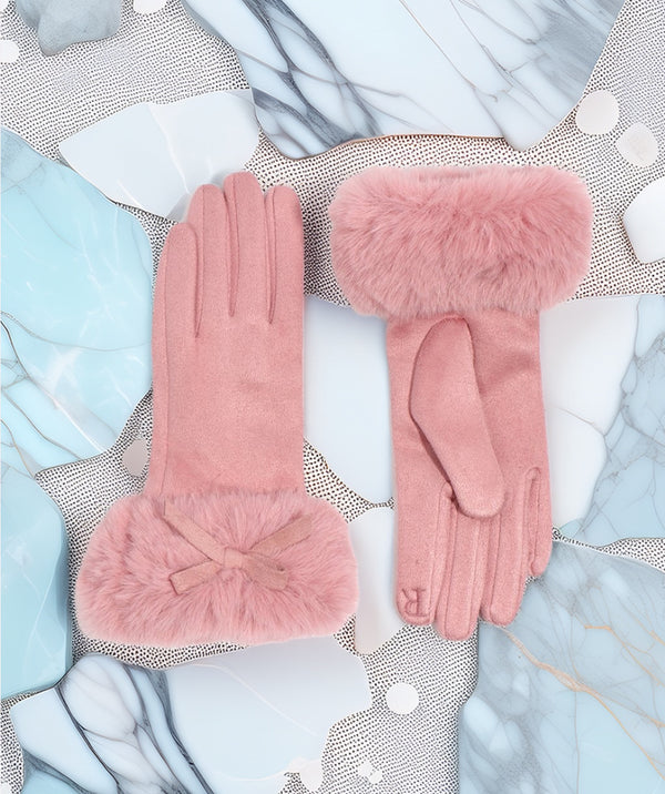 Elodie - Blush rose en daim gant avec brouillard en fausse fourrure