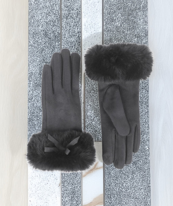 Elodie - Charcoal Grey Suede Gloves with Faux Fur Cuff