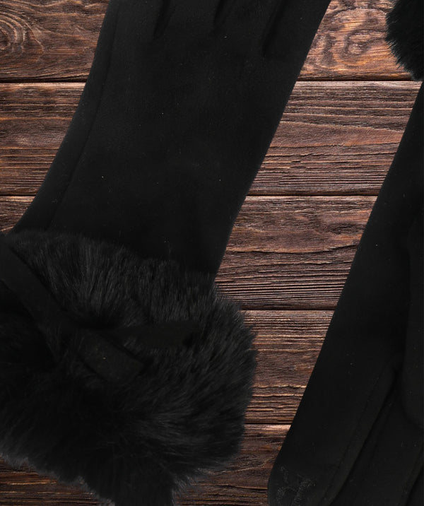 Elodie - Gants en faux daim noir avec poignets en fausse fourrure