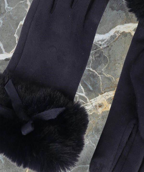 Elodie - Navy Faux Suede Gloves with Faux Fur Cuffs