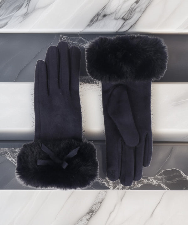 Elodie - Navy Faux Suede Gloves with Faux Fur Cuffs