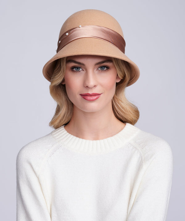 Estelle - Camel Wool Cloche Hat with Pearls
