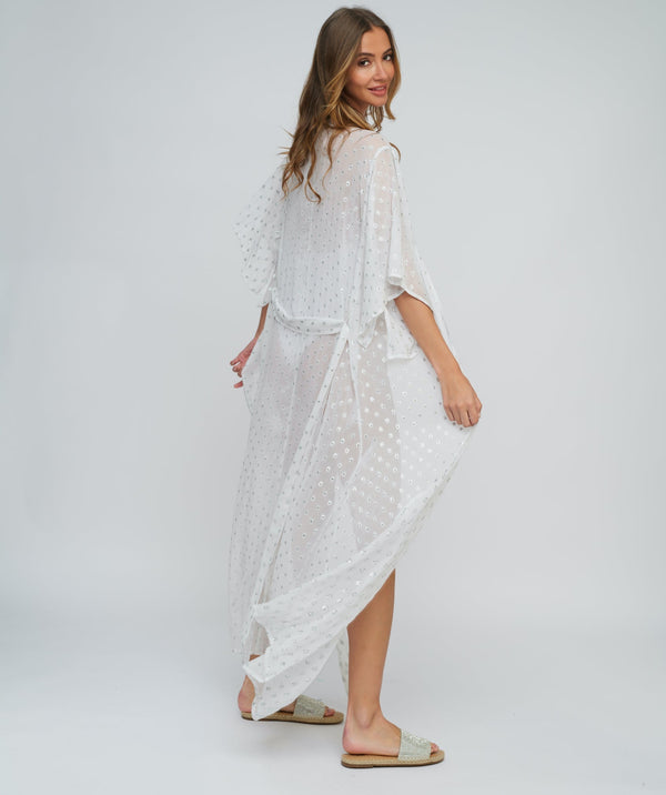 White Beach Kimono with Silver Tone Spot Print