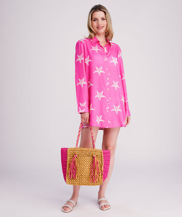 Estrella – Camisa de praia rosa choque com estampa de estrela do mar