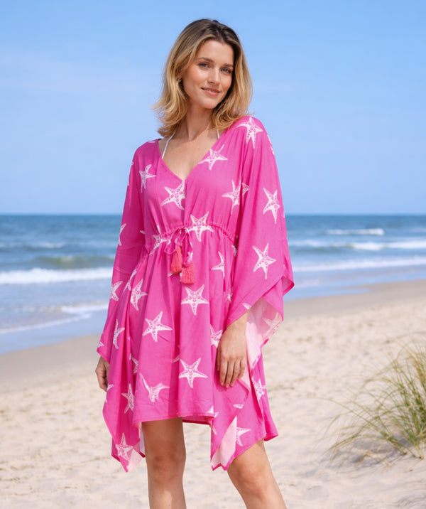 Estrella - Hot Pink Starfish Print Beach Kaftan