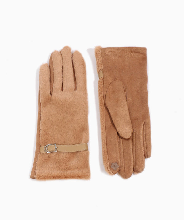 Evie  - Camel Lined Faux Fur Gloves