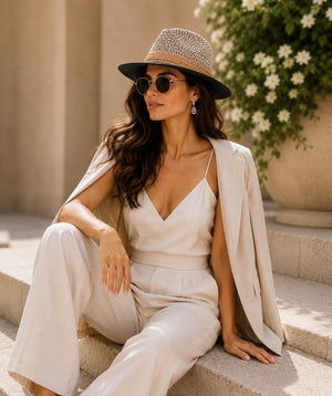 Natural black straw fedora hat with two-tone design, adjustable fit and UPF 50 sun protection for beach, holiday and summer outdoor wear.