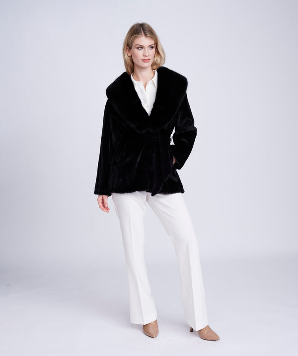 Black Casual Faux Fur Coat with Matching Belt