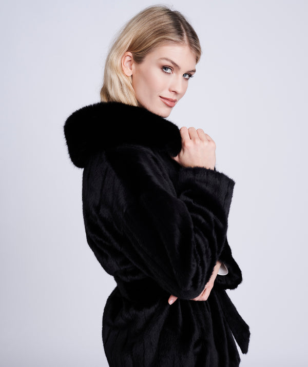 Black Casual Faux Fur Coat with Matching Belt