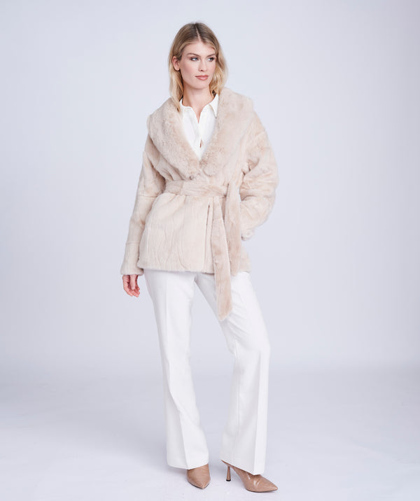 Cream Casual Faux Fur Coat with Matching Belt