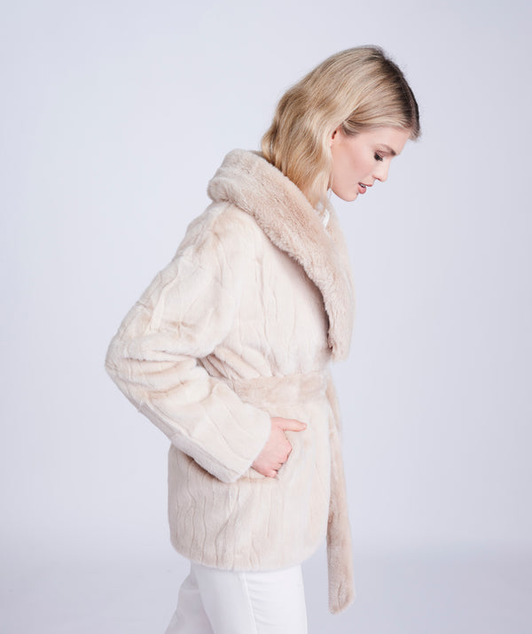 Cream Casual Faux Fur Coat with Matching Belt