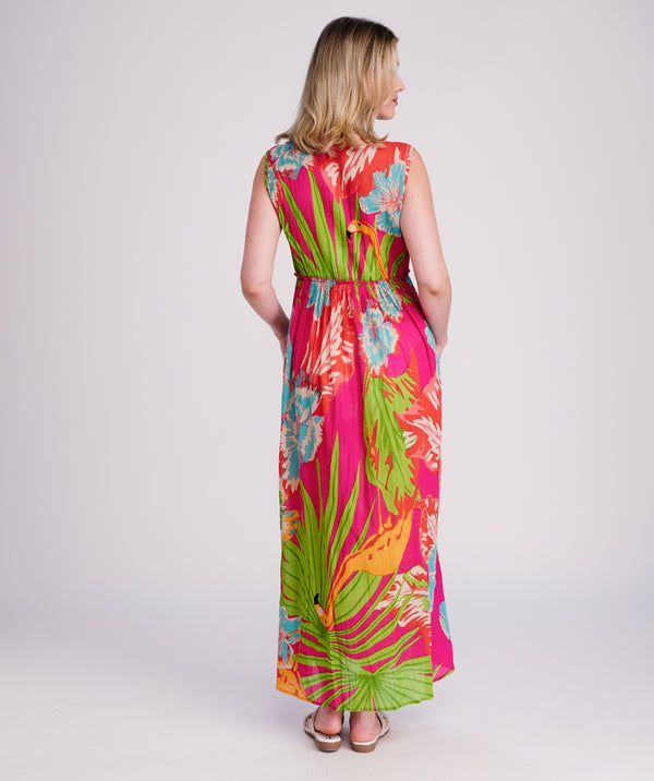 Fiesta - Vestido maxi de estampado tropical Fucsia con correas ajustables