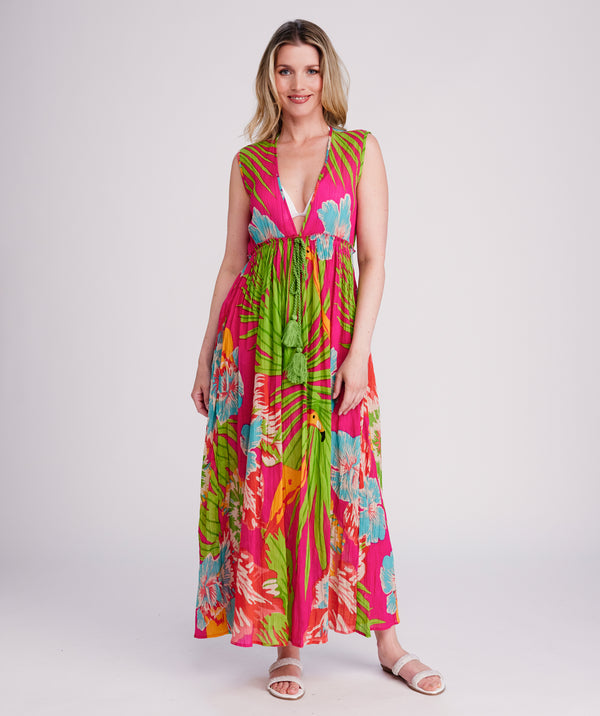 Fiesta - Vestido maxi de estampado tropical Fucsia con correas ajustables