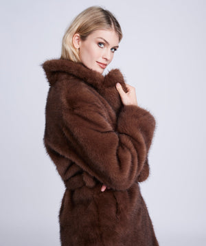 Brown Faux Fur Coat with Button Closure and Waist Belt