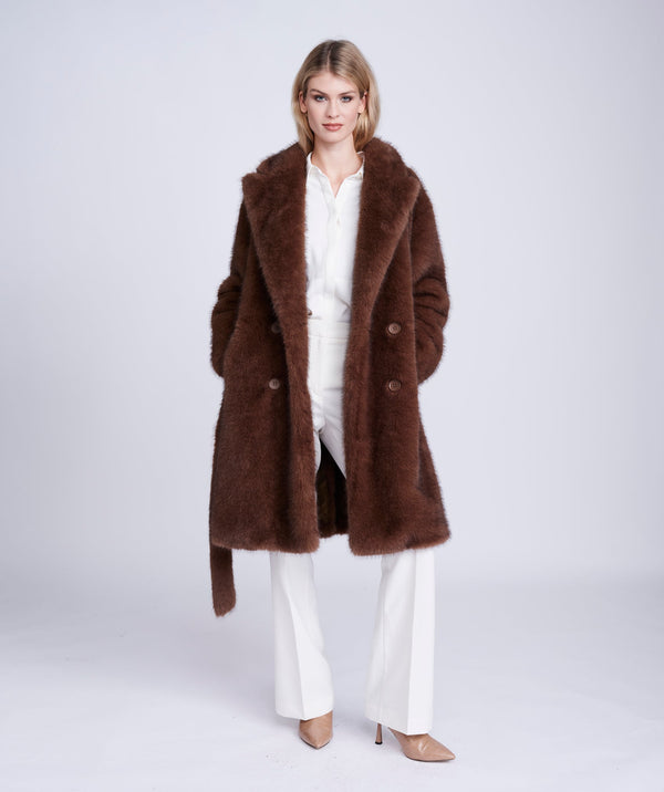 Brown Faux Fur Coat with Button Closure and Waist Belt