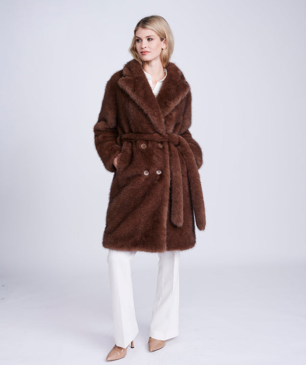 Brown Faux Fur Coat with Button Closure and Waist Belt