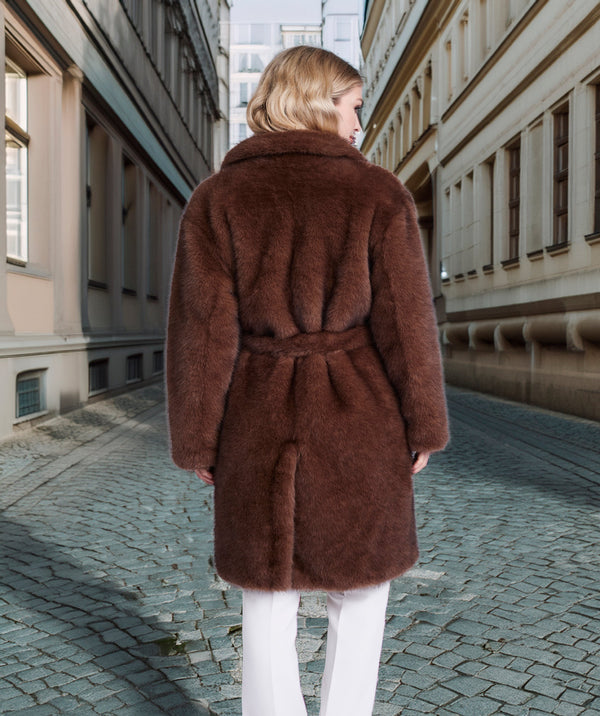 Gianella - Rich Brown Plush Faux Fur Longline Coat