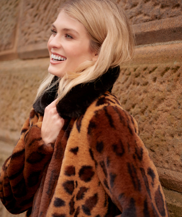 Leopard Print Faux Fur Coat with Notched Lapel and On-Seam Pockets