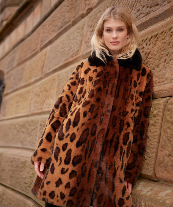 Leopard Print Longline Faux Fur Coat