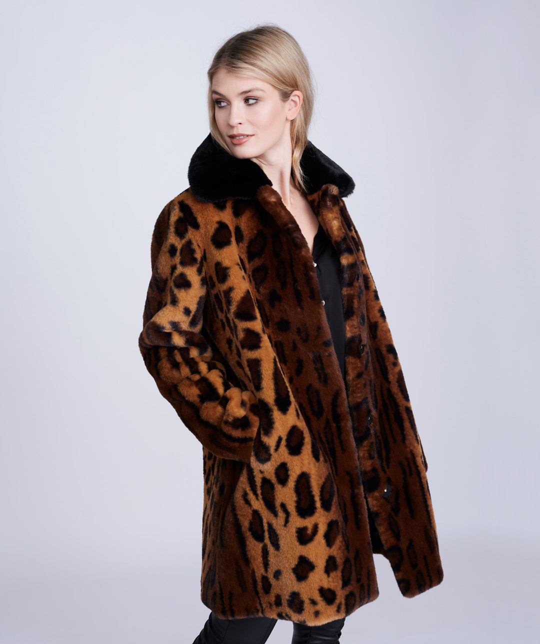 Leopard Print Faux Fur Coat with Notched Lapel and On-Seam Pockets