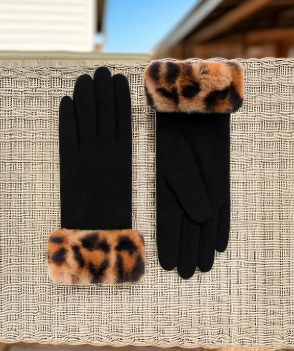 Gizelle - Black Wool Gloves with Leopard Faux Fur Cuffs
