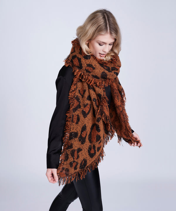 Embellished Leopard Print Winter Scarf - Leopard