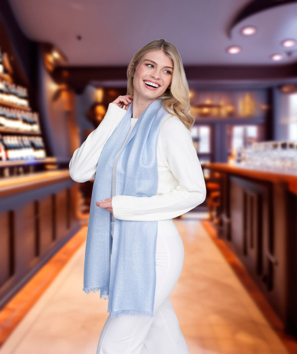 Hallie - Baby Blue Shimmer Occasion Scarf with Feather Fringes