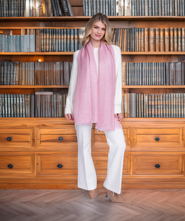 Hallie - Blush Pink Shimmer Occasion Scarf with Feather Fringes