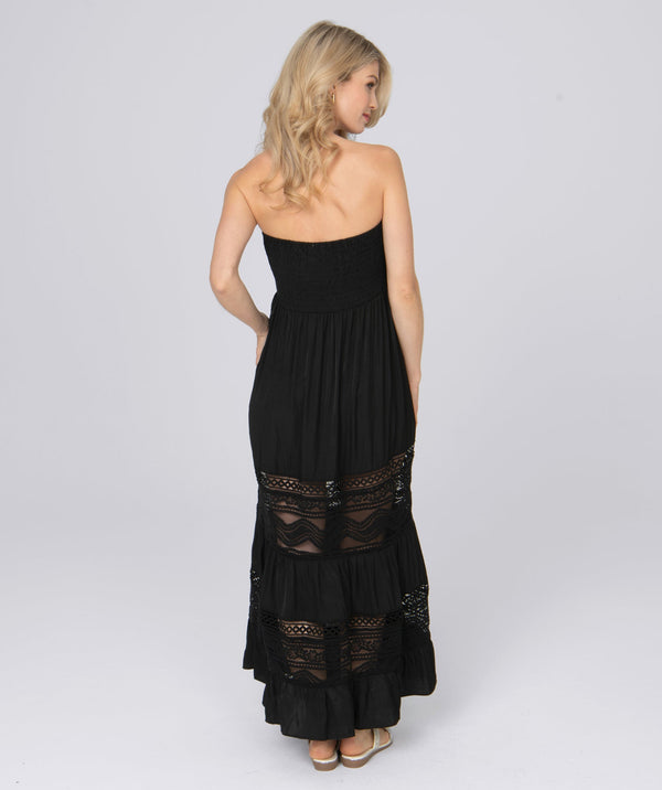 Vienna - Black Silky Maxi Dress with Empire Waist and Lace Details