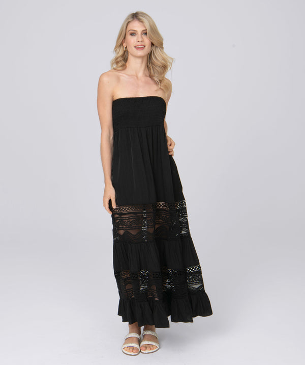 Vienna - Black Silky Maxi Dress with Empire Waist and Lace Details