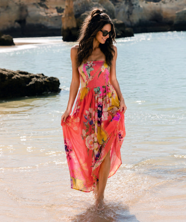 Havaí - Vestido Maxi com Estampa Floral Laranja