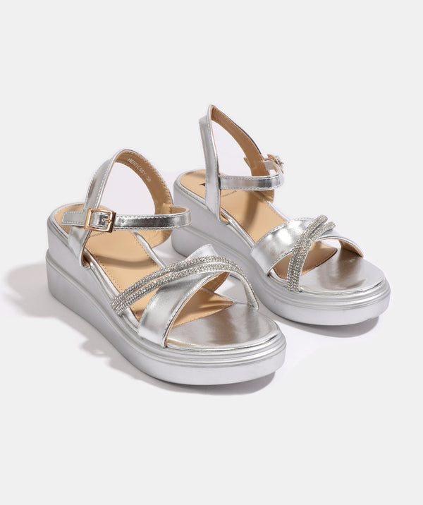 Hennessy - Silver Embellished Wedge Sandal with Adjustable Straps